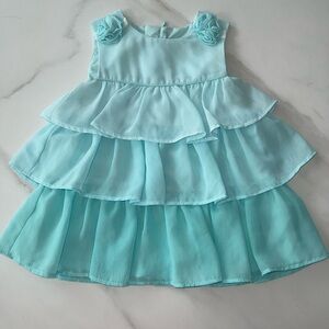 Mayoral Aqua Ombre Kids Formal Dress with twin little flowers in both sides.